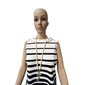 Talbots Womens Medium Navy White Striped Sleeveless Funnel Neck Back Zip Top
